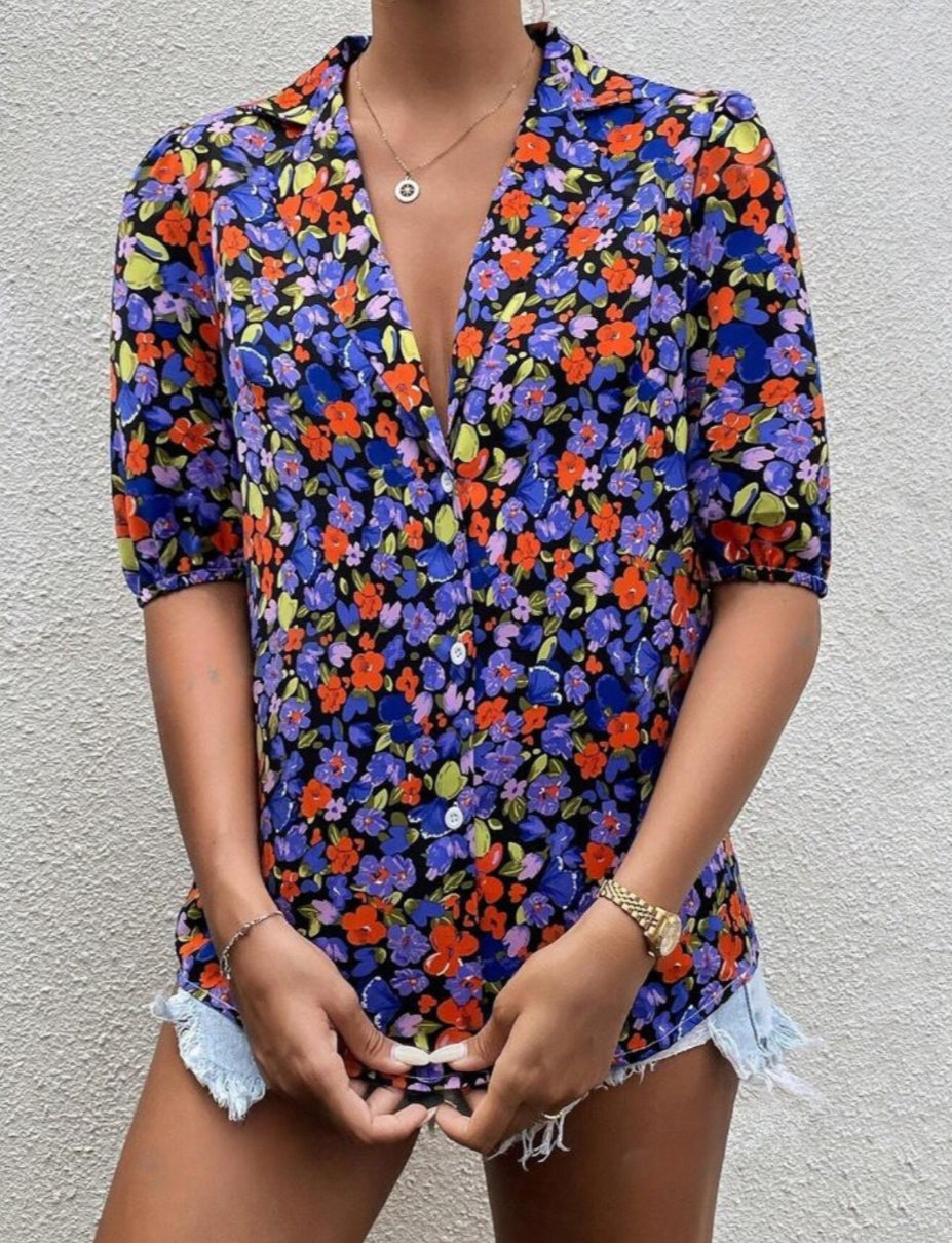 Chemise allover blu hibiscus