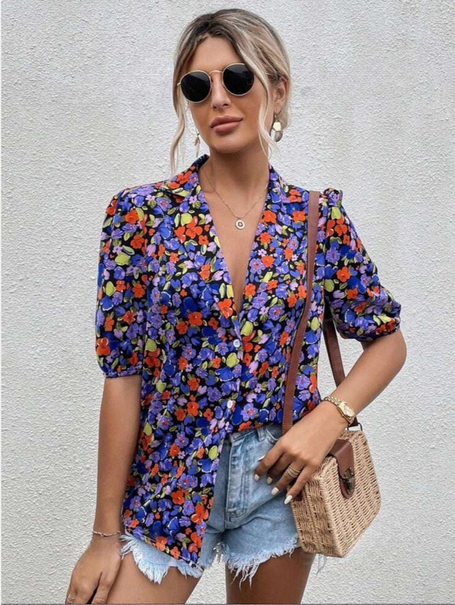 Chemise allover blu hibiscus