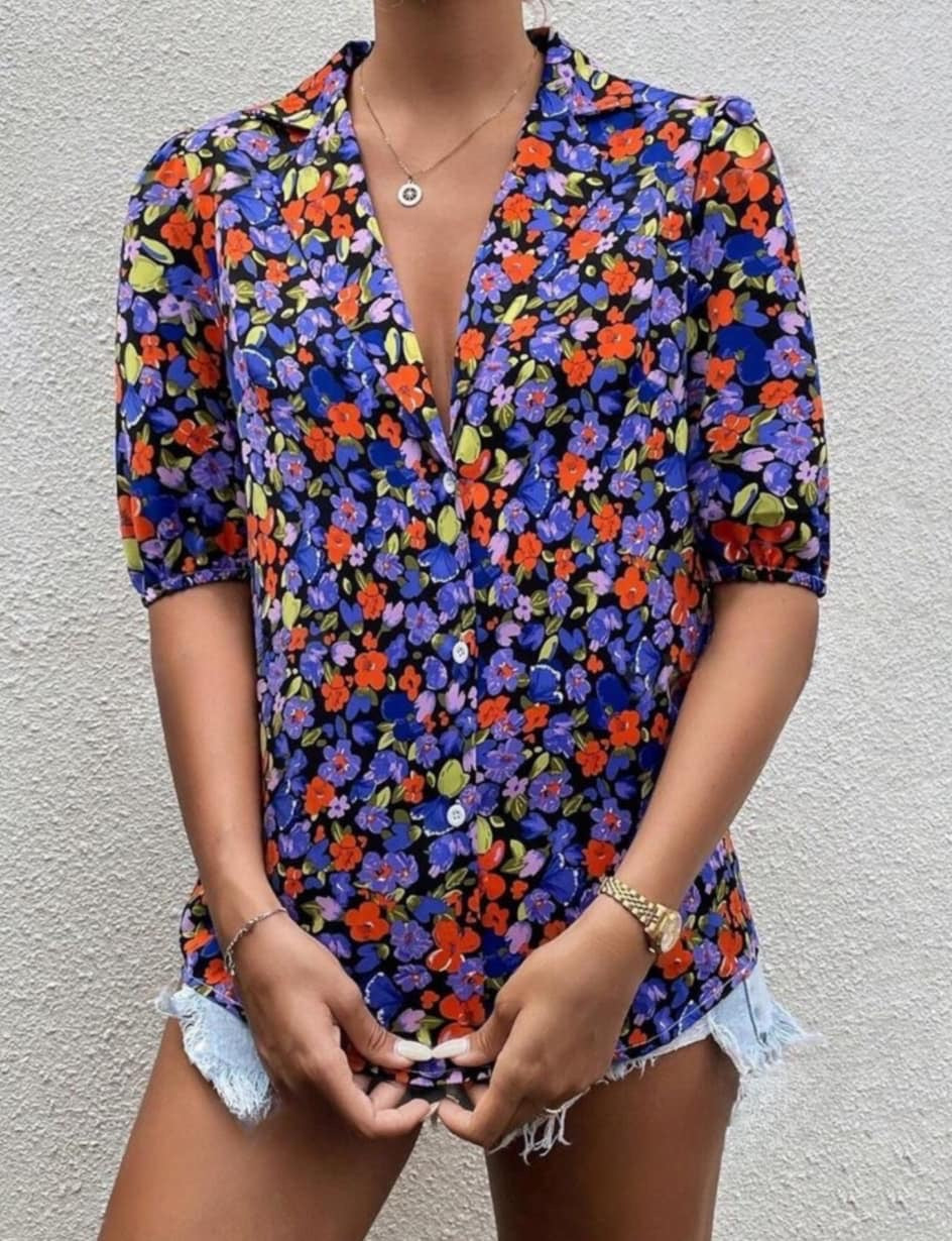 Chemise allover blu hibiscus
