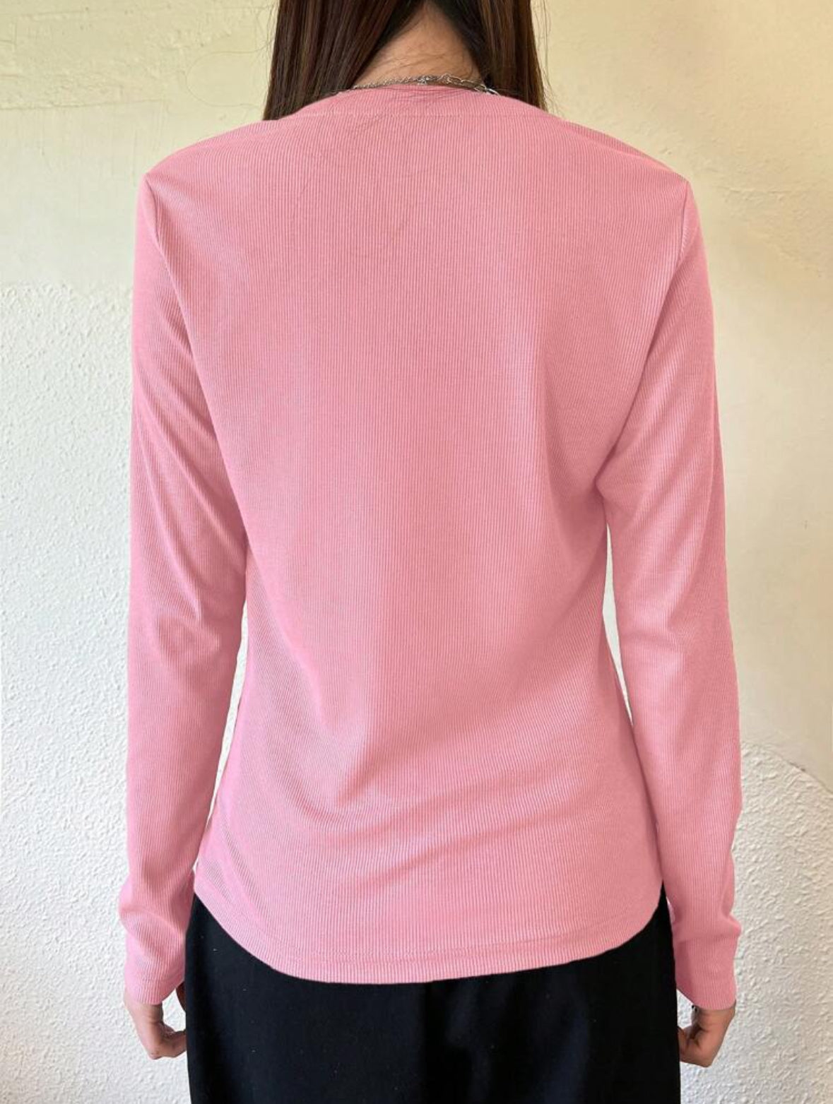 T-shirt à manches longues moulant unicolore (Pink)