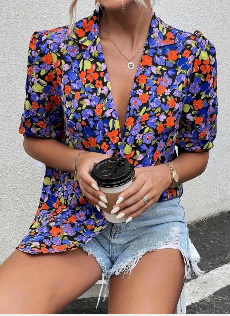 Chemise allover blu hibiscus