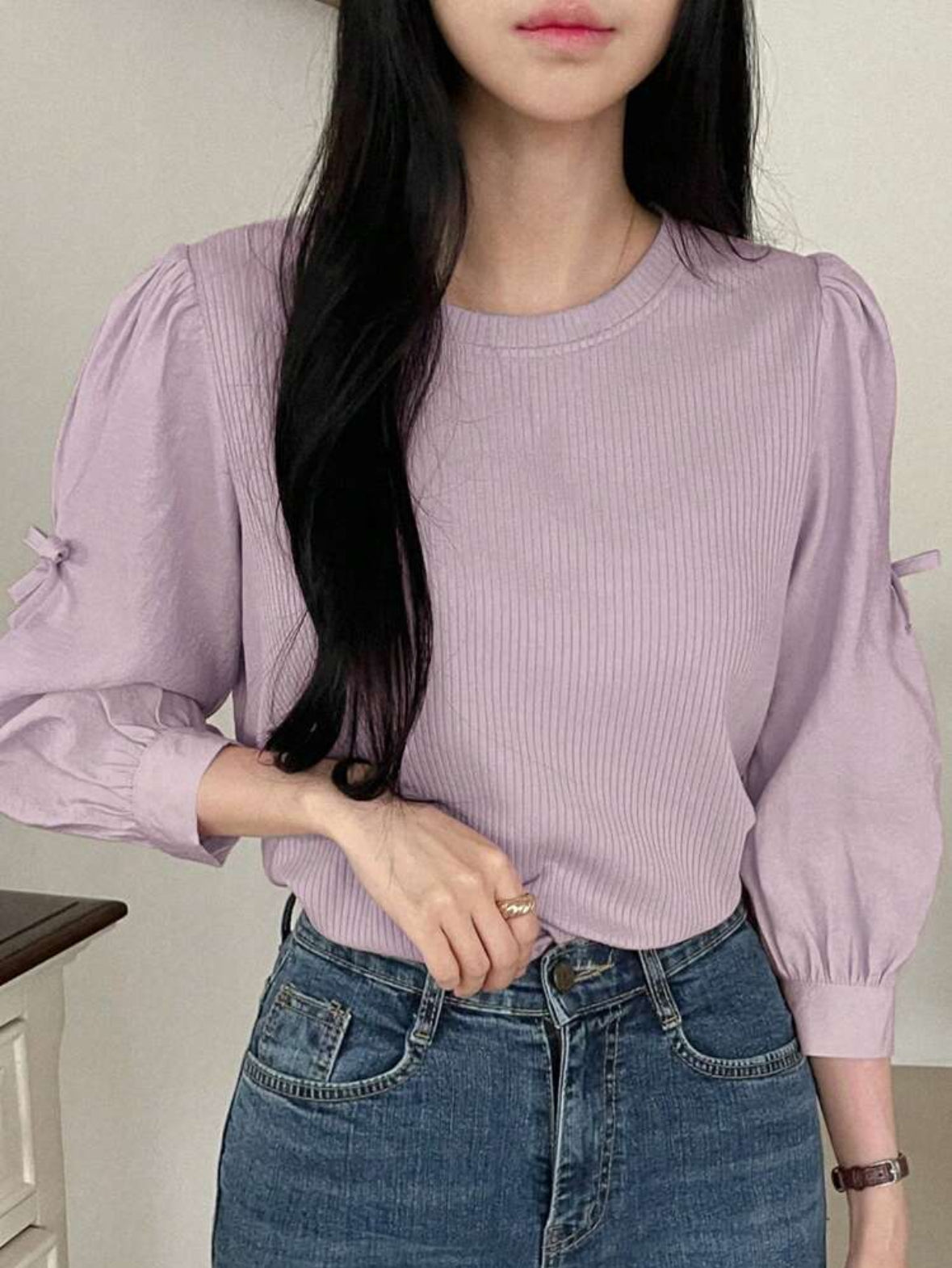 Blouse décontracté manches bouffantes avec nœud