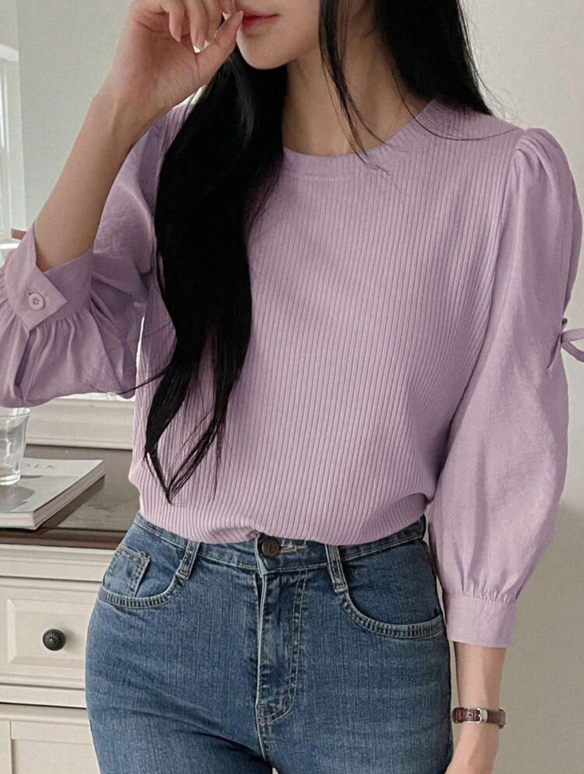 Blouse décontracté manches bouffantes avec nœud