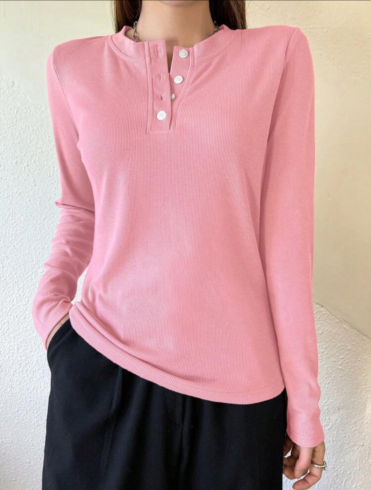 T-shirt à manches longues moulant unicolore (Pink)