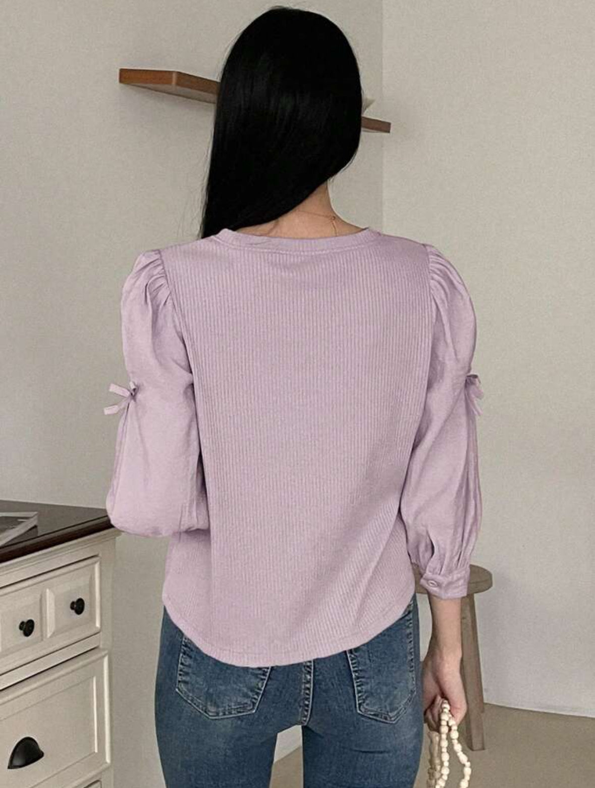 Blouse décontracté manches bouffantes avec nœud