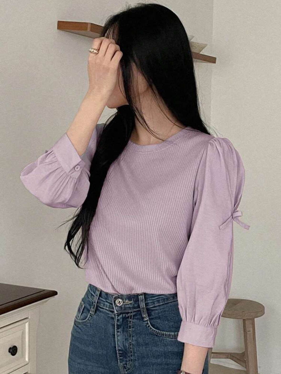 Blouse décontracté manches bouffantes avec nœud