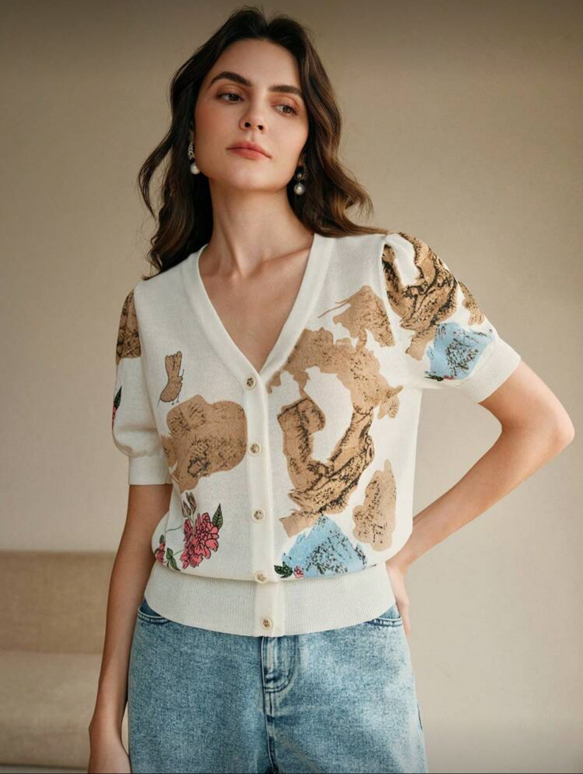 Top tricot, cardigan à manches courtes, col en V