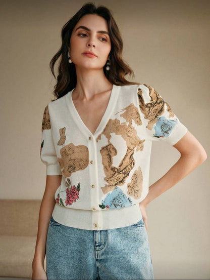 Top tricot, cardigan à manches courtes, col en V