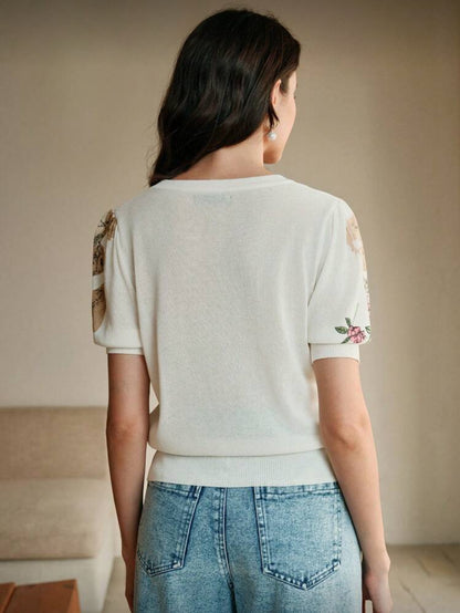 Top tricot, cardigan à manches courtes, col en V