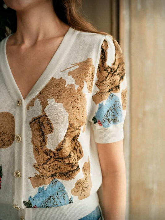 Top tricot, cardigan à manches courtes, col en V