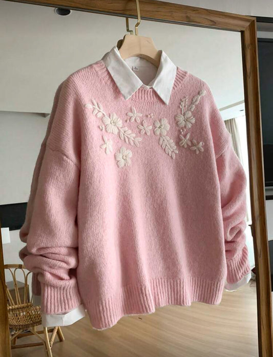 Pull col rond Rose bonbon