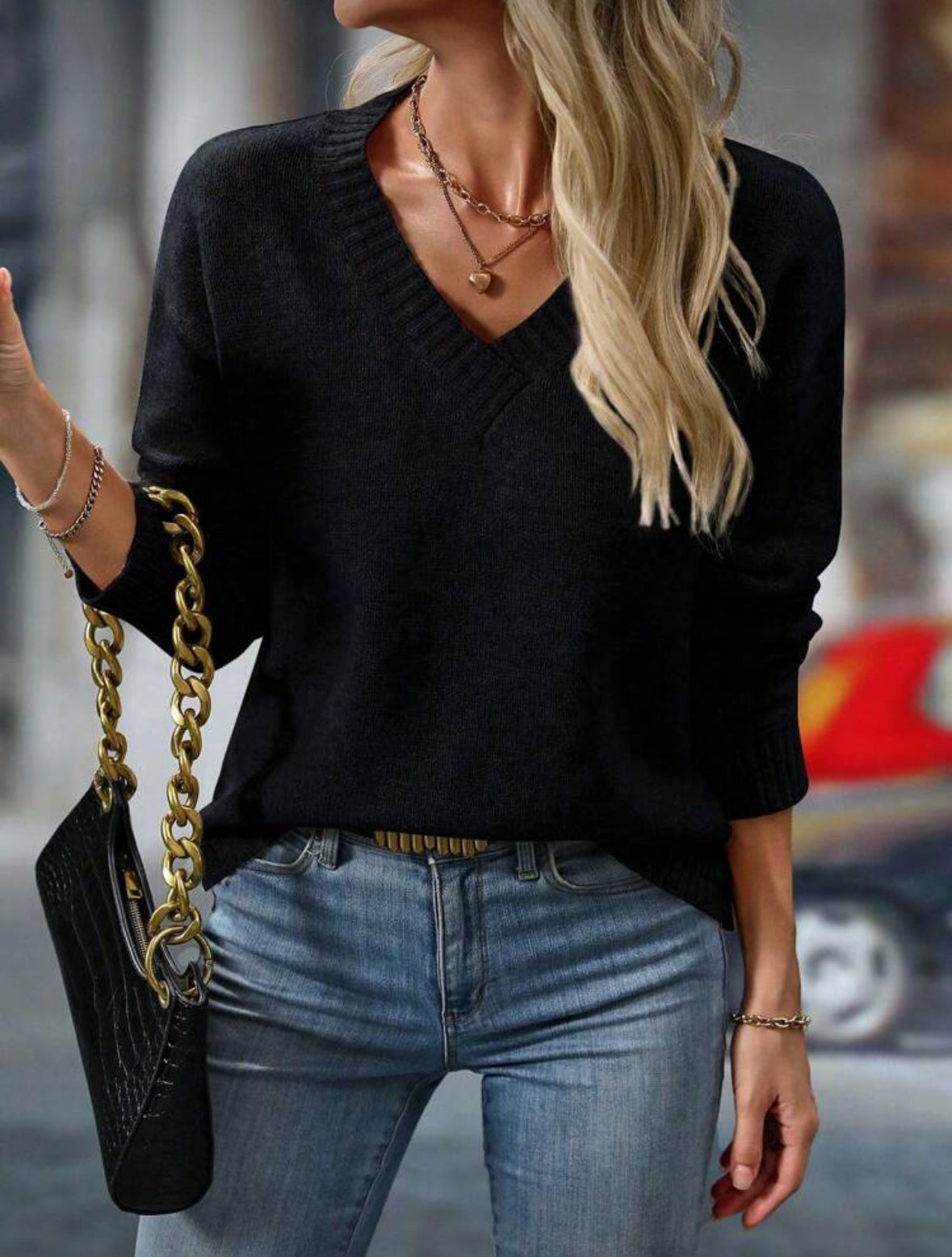 Pull ample à col V à manches longues