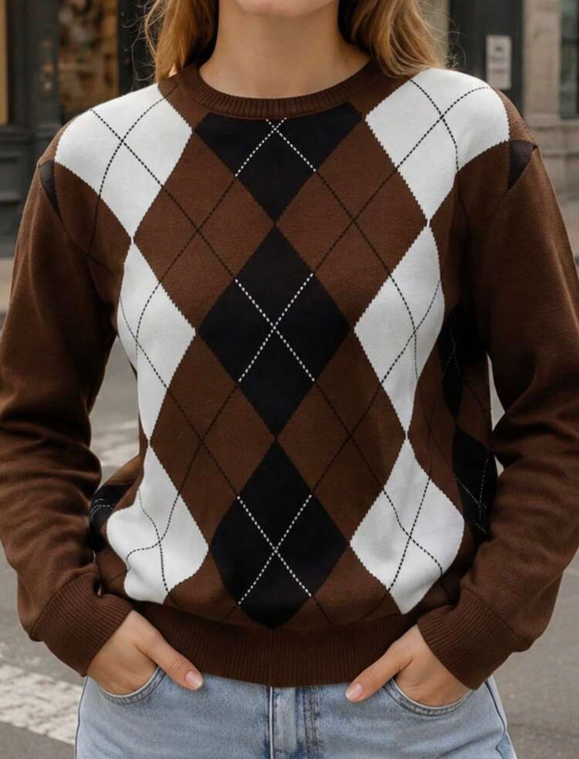 Pull col rond - Argyle - Marron