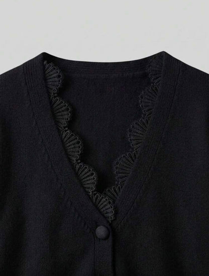 Cardigan - Bordure en dentelle (Noir)