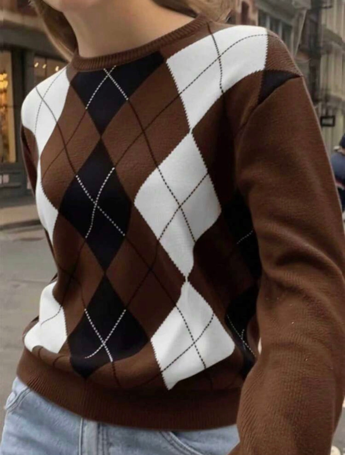 Pull col rond - Argyle - Marron