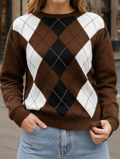Pull col rond - Argyle - Marron