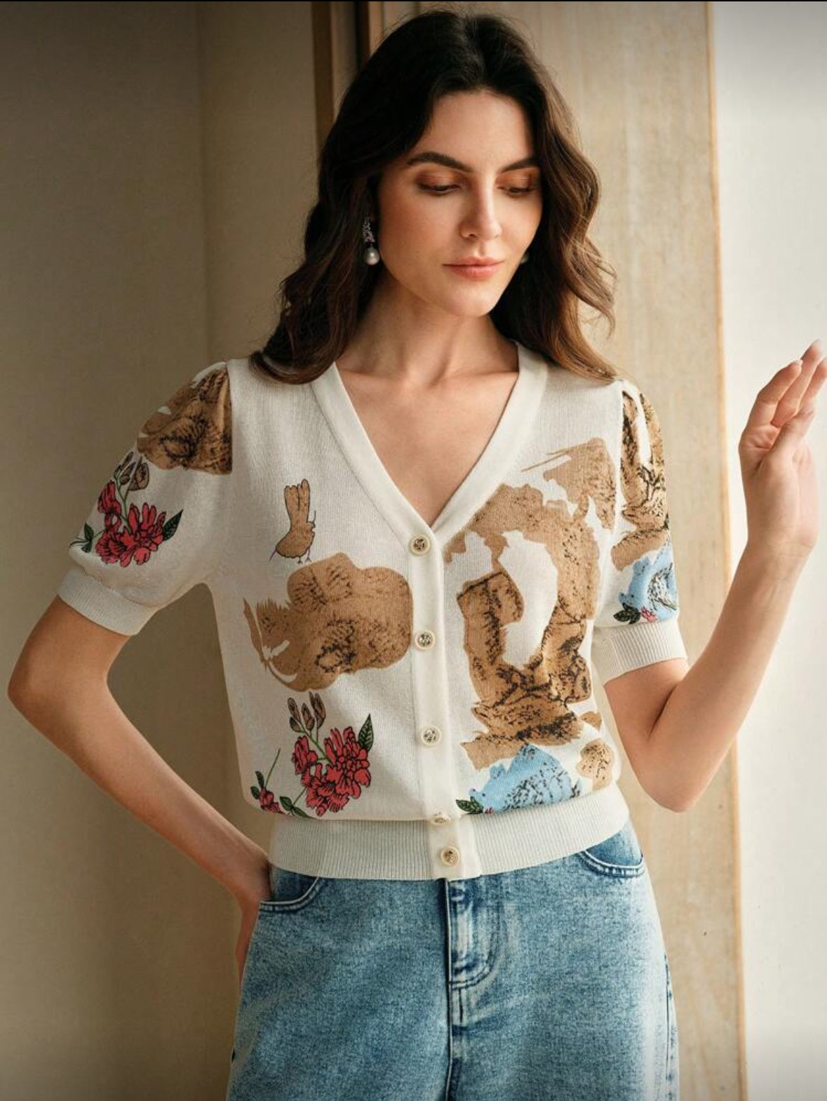 Top tricot, cardigan à manches courtes, col en V