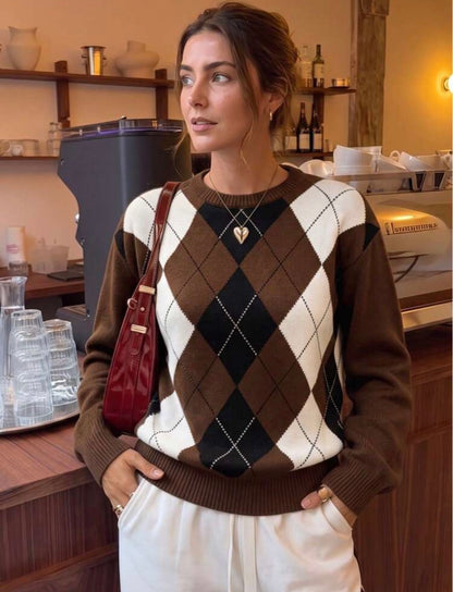 Pull col rond - Argyle - Marron