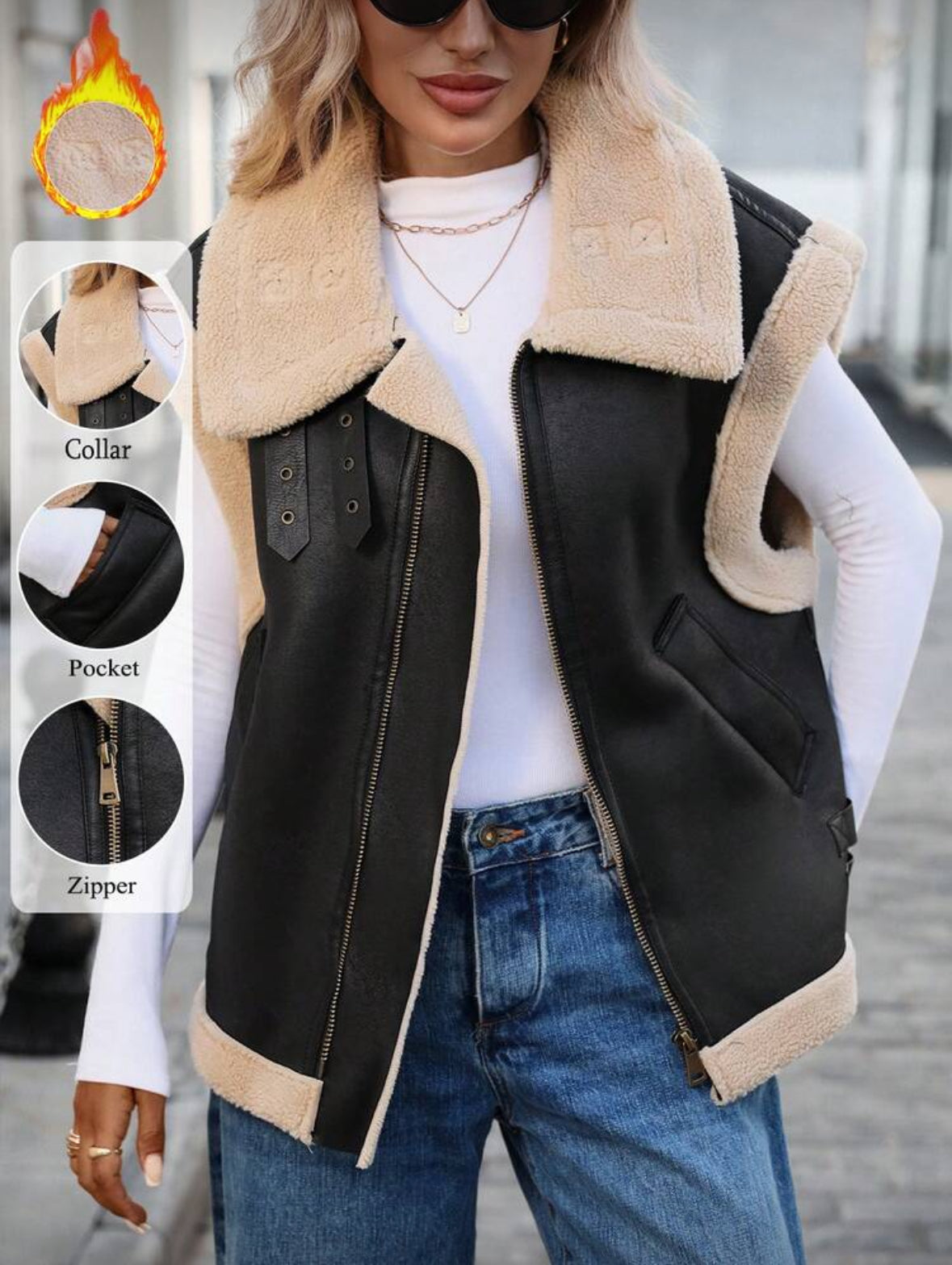 Veste sans manches zippée,Laine d'agneau