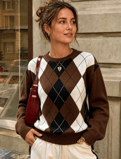 Pull col rond - Argyle - Marron