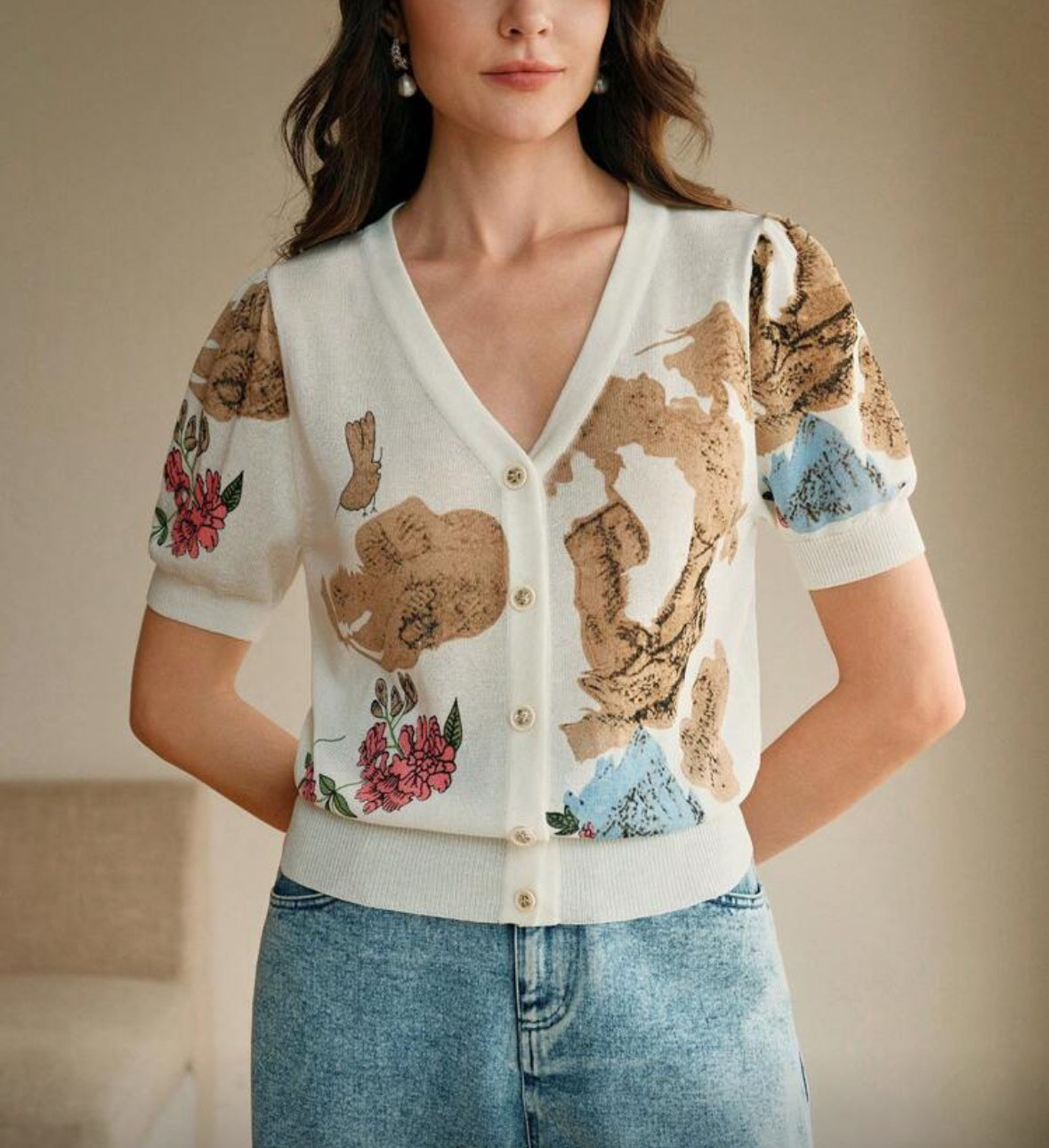 Top tricot, cardigan à manches courtes, col en V