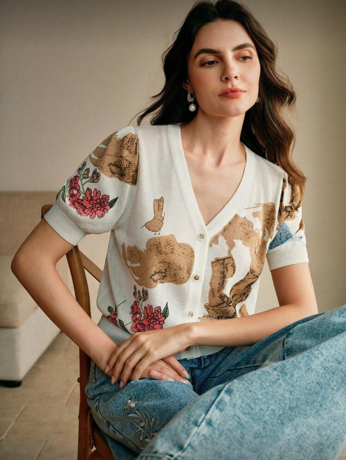 Top tricot, cardigan à manches courtes, col en V