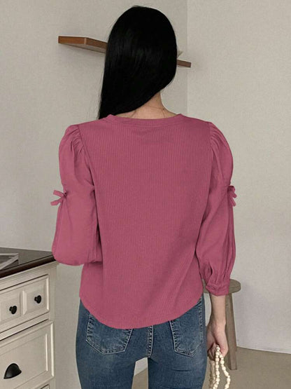 Blouse décontracté manches bouffantes avec nœud (Rose)
