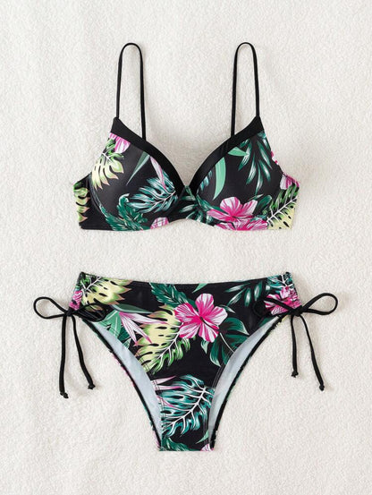 Ensemble bikini sexy imprimé de plantes tropicales
