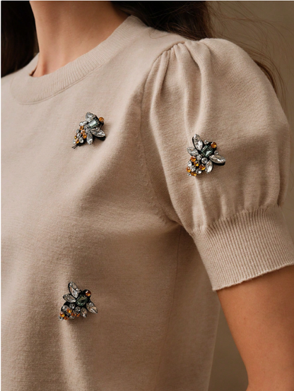 Pull Tricoté à Manches Bouffantes Perlée