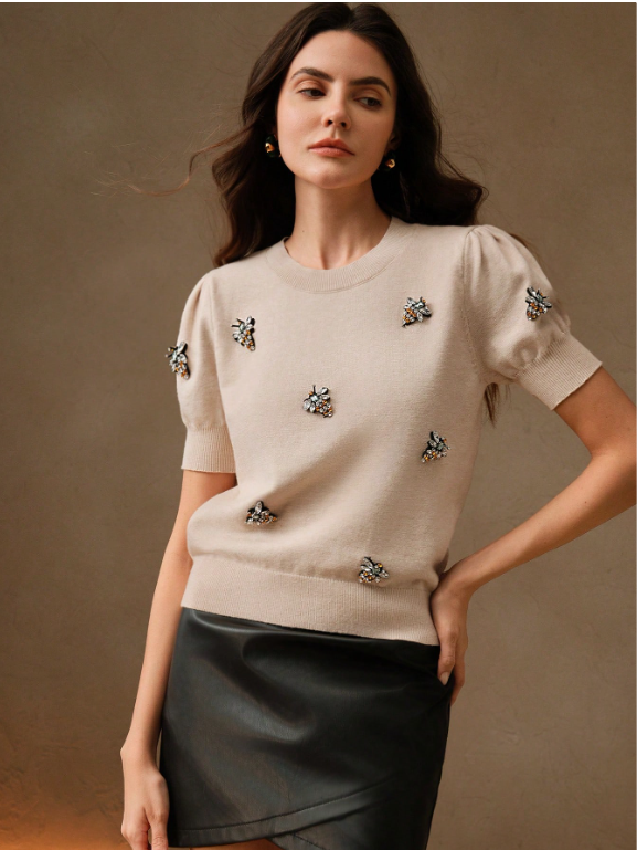 Pull Tricoté à Manches Bouffantes Perlée