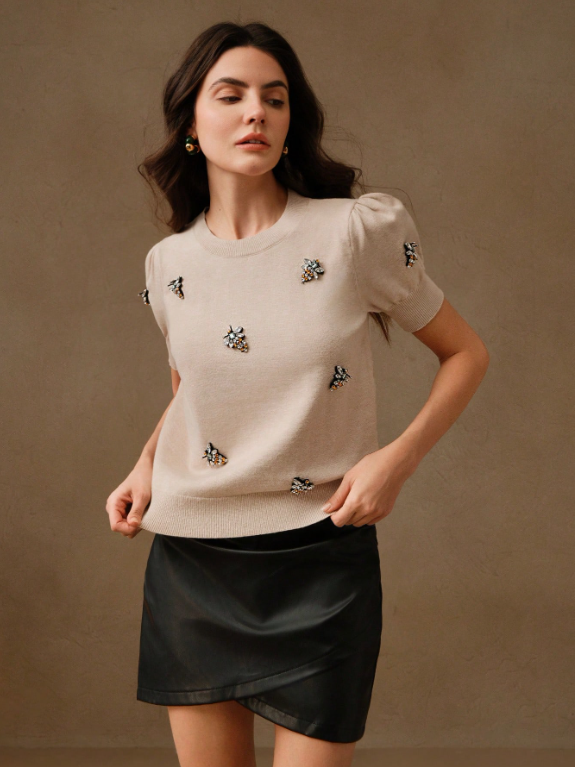 Pull Tricoté à Manches Bouffantes Perlée