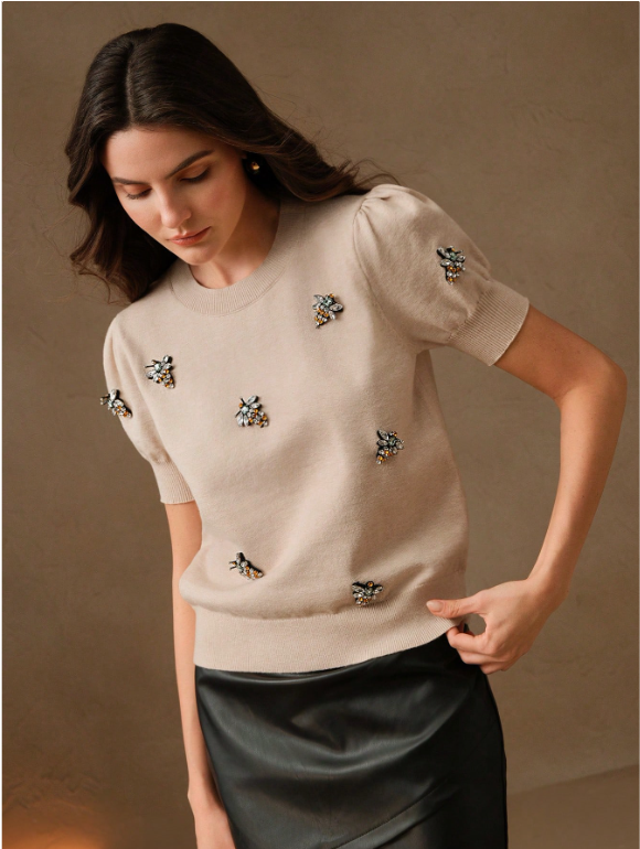 Pull Tricoté à Manches Bouffantes Perlée