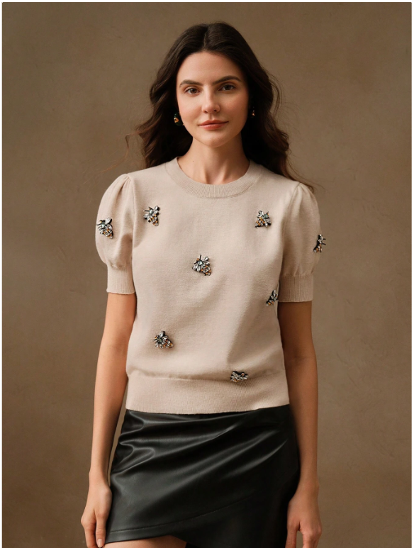 Pull Tricoté à Manches Bouffantes Perlée