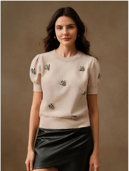 Pull Tricoté à Manches Bouffantes Perlée